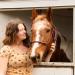 Horse looks out a horse trailer window. Woman stands next to it.  